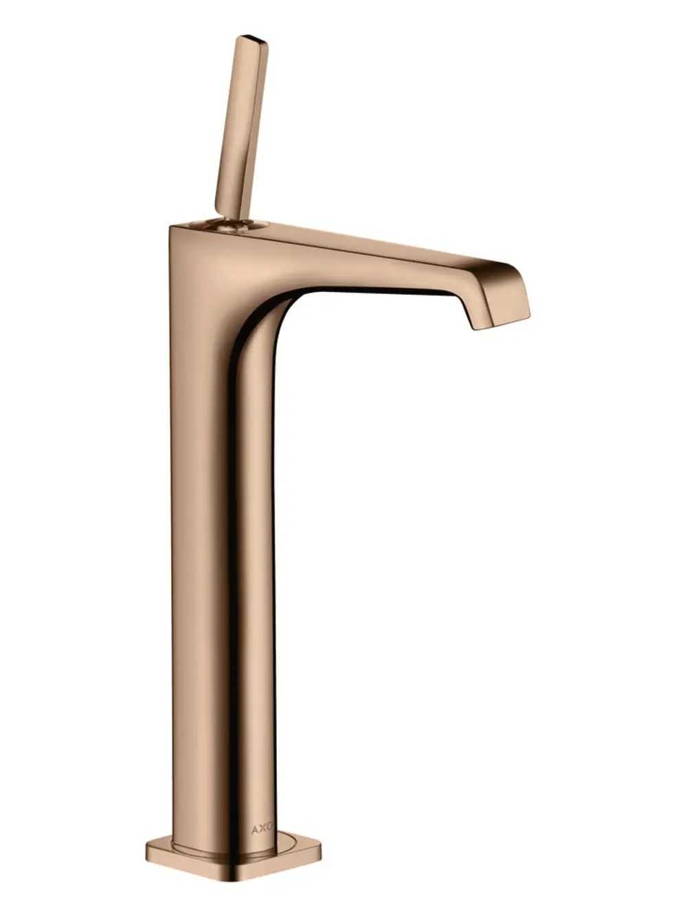 Hochformatiger Waschtischmischer in Polished Red Gold von AXOR, mit einem schlanken Auslauf und einem seitlichen Hebel zur Wasserregulierung.
